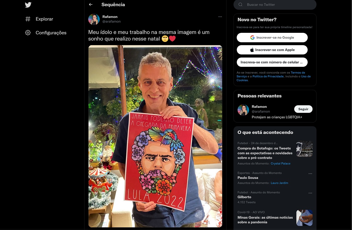 Foto de Chico Buarque com pintura &#34;Lula Livre&#34; agita o Twitter no Natal