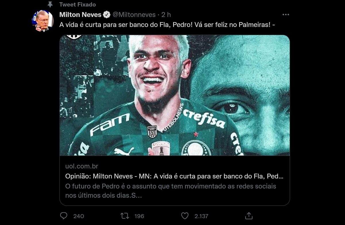 Milton Neves causa polêmica no Twitter ao sugerir que Pedro Guilherme saia do Flamengo e vá para o Palmeiras