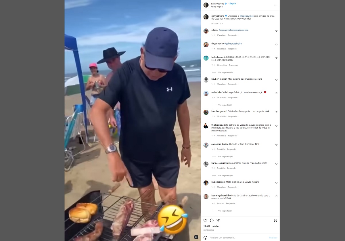 Galvão Bueno mostra churrasco na praia e faz alegria dos fãs no Instagram