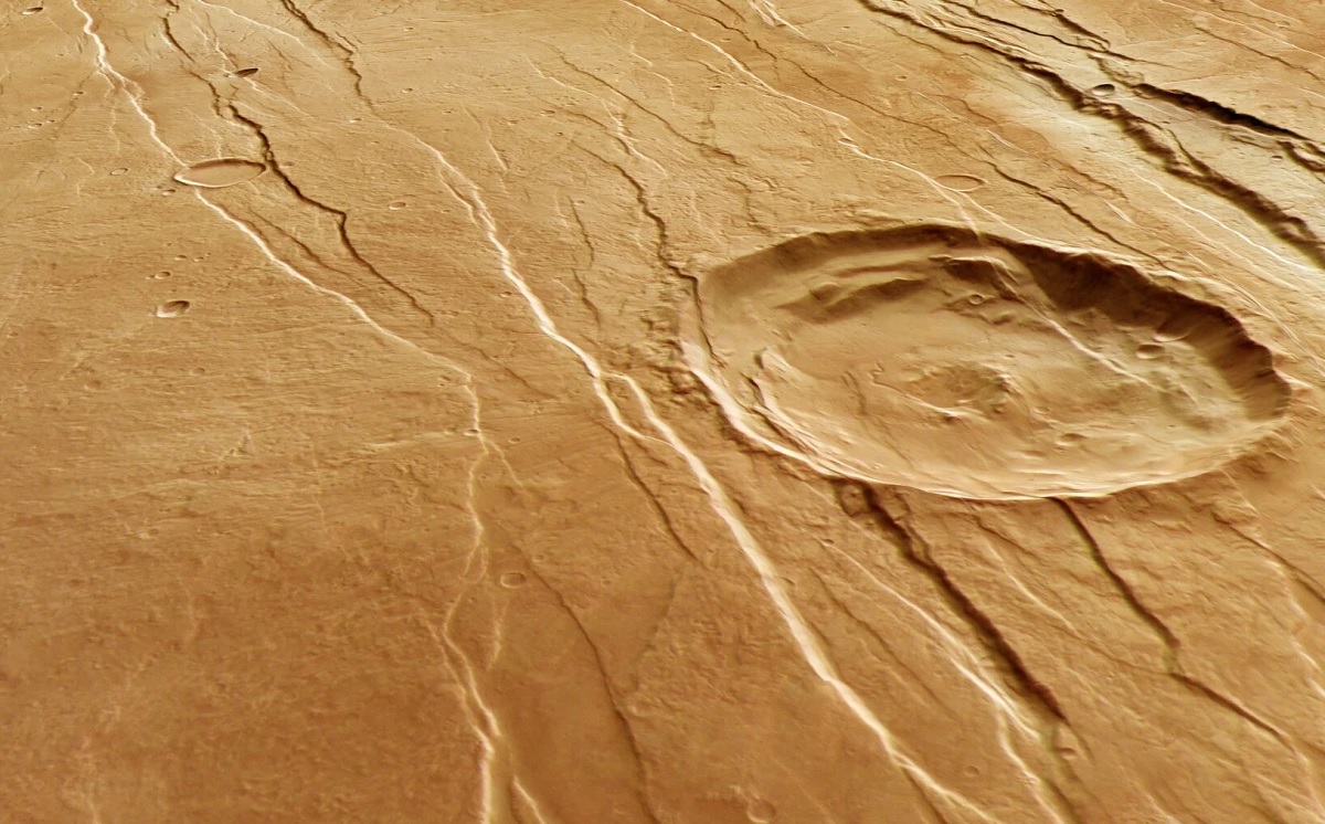 Sonda espacial revela imagem incrível de falhas e enorme cratera em Marte