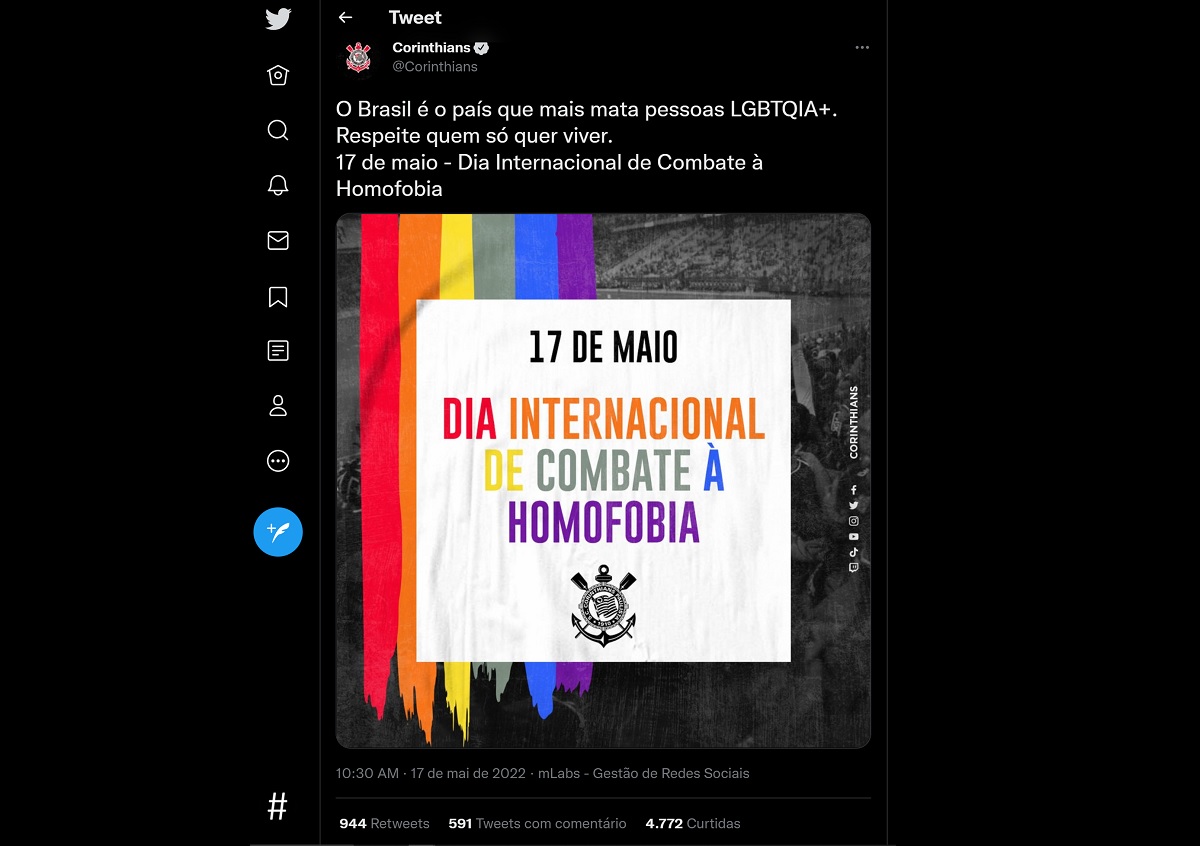 Corinthians causa polêmica no Twitter ao tirar o verde da bandeira LGBTQI+, em post contra a homofobia