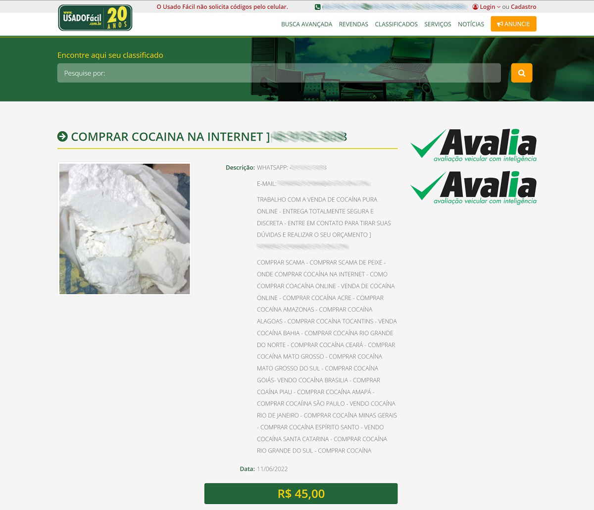 Site de classificados do Mato Grosso é invadido por anúncios de drogas, incluindo cocaína