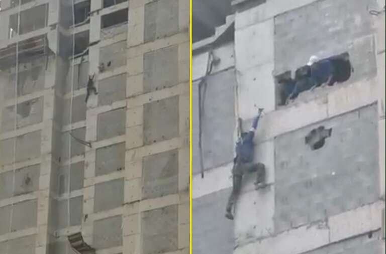 VÍDEO: trabalhador fica pendurado pelas mãos em obra no Guarujá (SP) e é resgatado por colegas