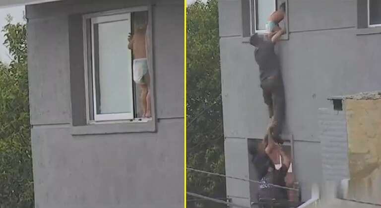 VÍDEO: bebê de 3 anos fica em pé no parapeito de janela na Argentina e é resgatado por vizinho