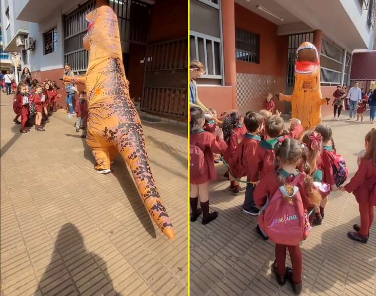 Avó se veste de dinossauro para buscar netinho na escola e vídeo viraliza na web