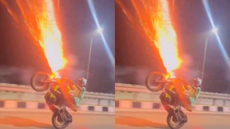 VÍDEO: motoqueiro faz manobras radicais com fogos de artifício em rodovia da Índia