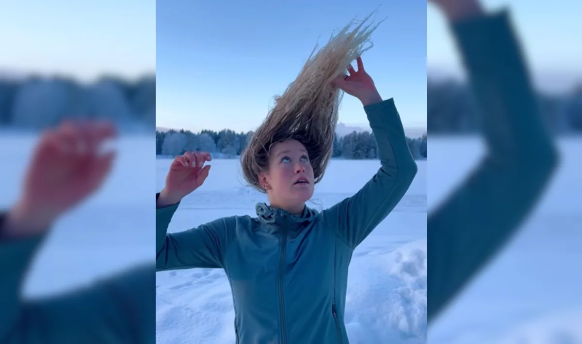 Influenciadora sueca viraliza ao mostrar cabelo molhado congelando “instantaneamente” no frio da cidade de Umeå